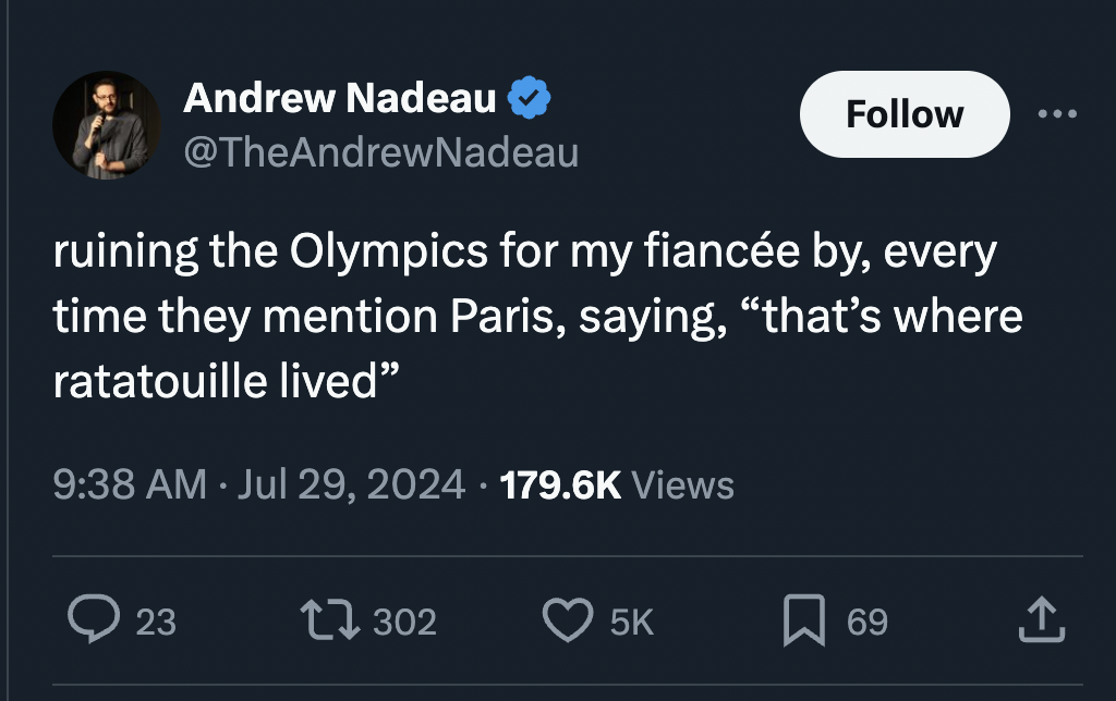 screenshot - Andrew Nadeau ruining the Olympics for my fiance by, every time they mention Paris, saying,